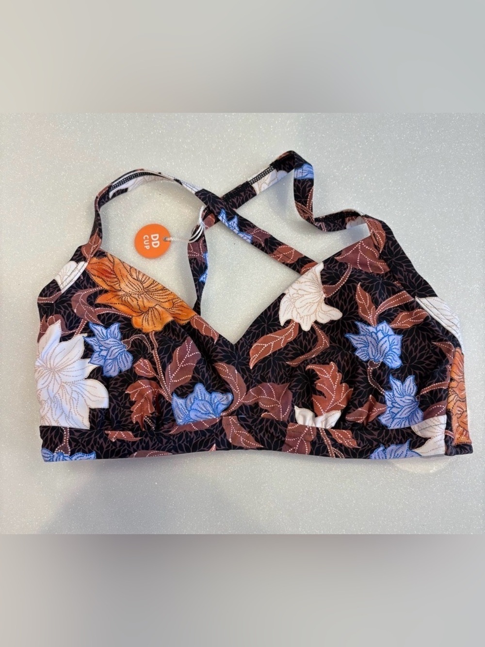 Seafolly Floral Bikini Top - Black Brown Blue White US 6 Australia 10